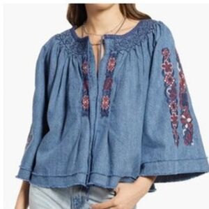 Free People Sun Valley Embroidered Denim Blue Women's Top